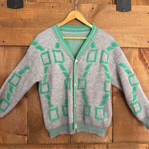 Geometric Gray and Green Cardigan Sweater